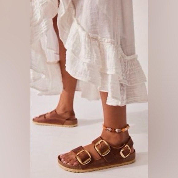 Birkenstock Shoes - Elegant Tan Leather Sandals with Gold Buckles Birkenstock